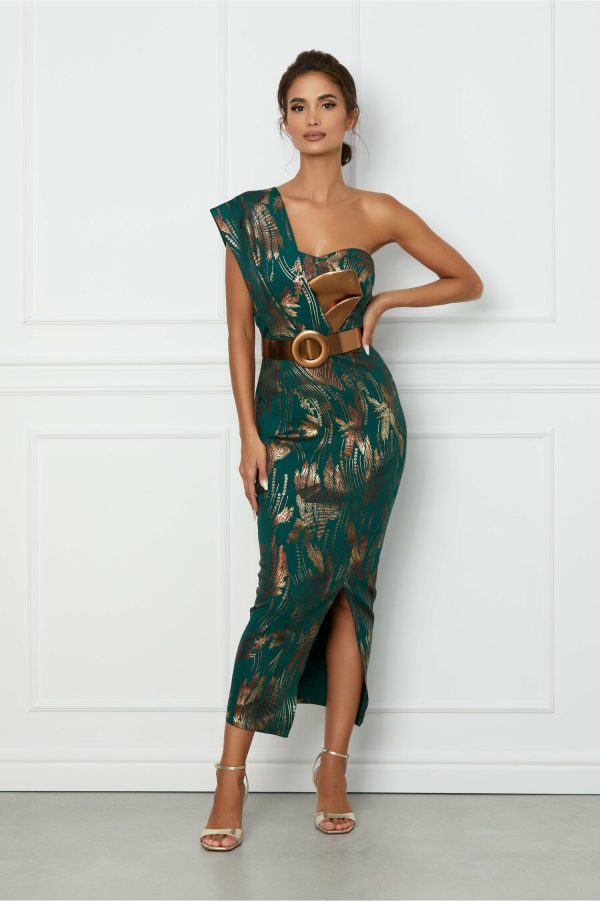 Rochie Ivana verde din neopren cu imprimeuri si curea in talie