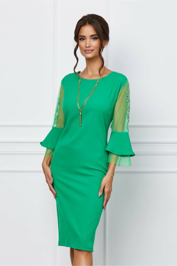 Rochie Juana verde cu broderie la maneci