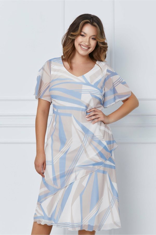 Rochie Kara alba cu imprimeuri bleu si bej