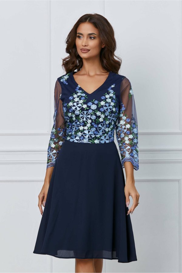 Rochie Karla bleumarin cu broderie pe bust