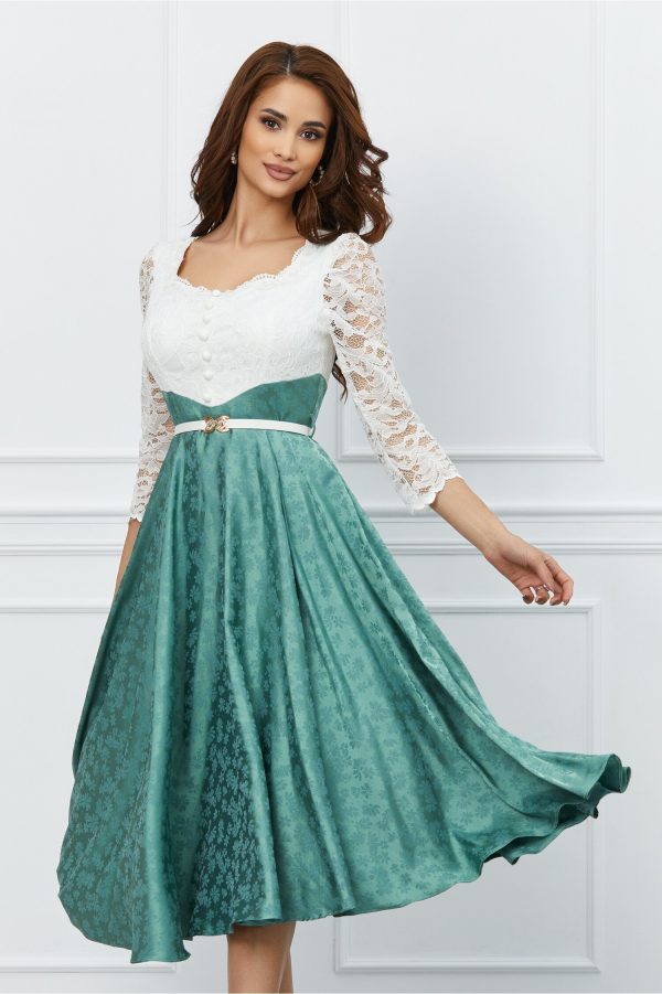 Rochie Karla turcoaz cu bust alb din dantela