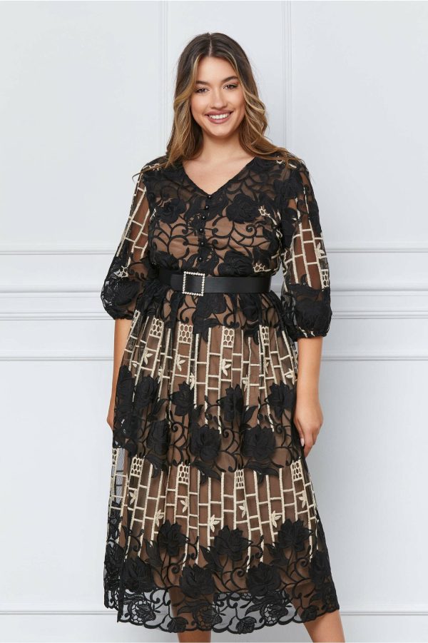 Rochie Katie din tull negru cu dublura bej si broderie florala
