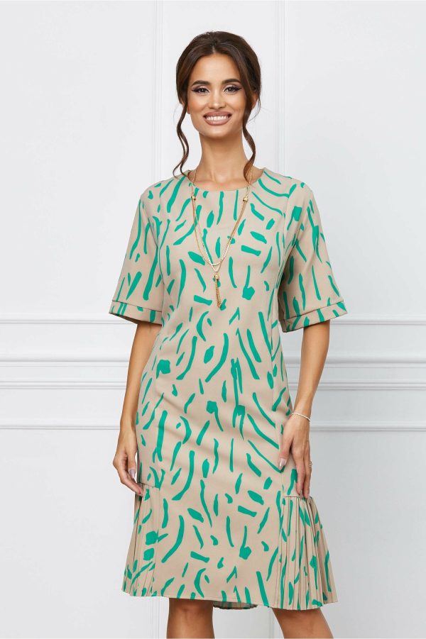 Rochie Kyra bej cu imprimeu verde si pliuri la baza