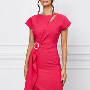 Rochie La Donna fuchsia cu decupaj la bust si aplicatie tip bijuterie in talie