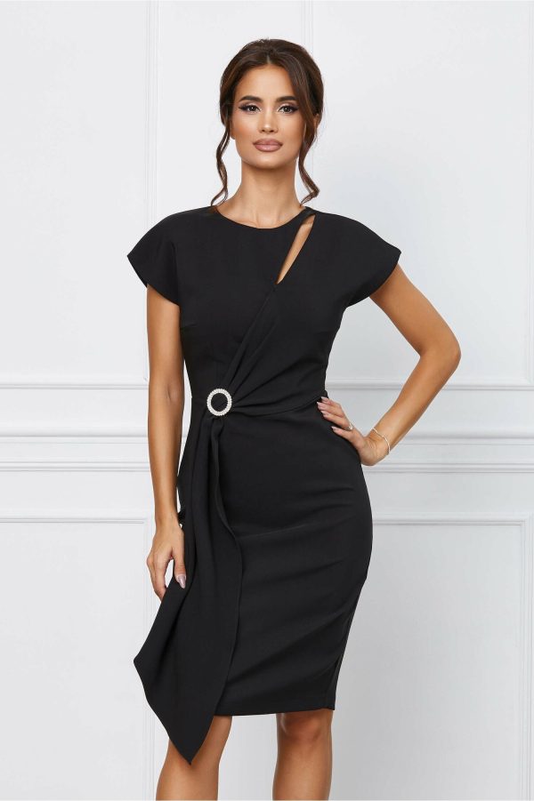 Rochie La Donna neagra cu decupaj la bust si aplicatie tip bijuterie in talie