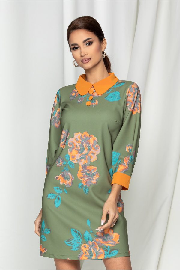 Rochie La Donna verde cu imprimeu floral orange