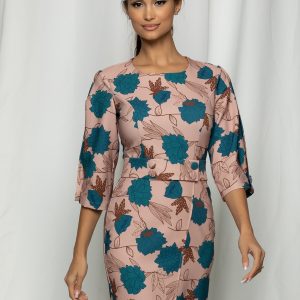 Rochie LaDonna bej cu imprimeu floral turcoaz si crepeu discret
