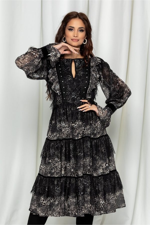 Rochie LaDonna gri animal print cu dantela si volanase