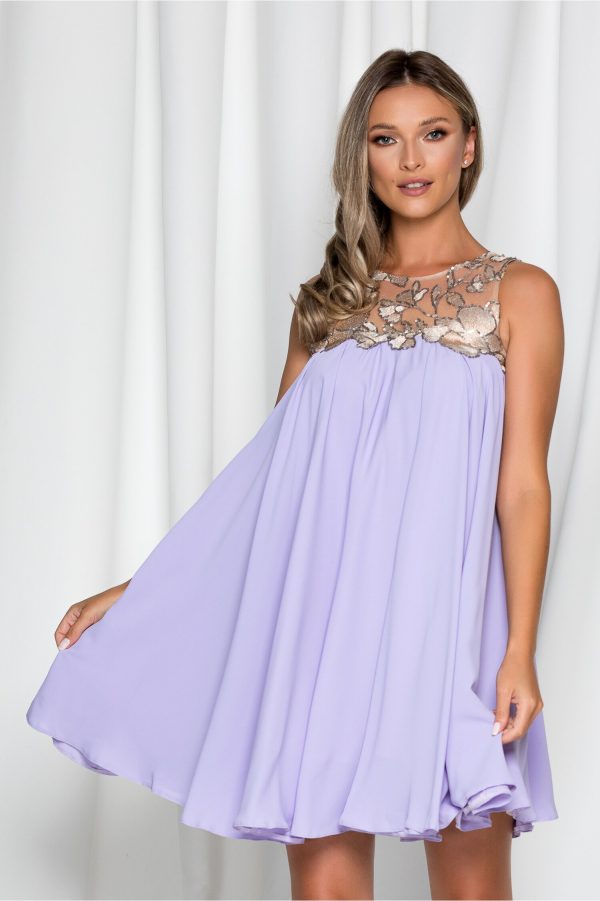 Rochie LaDonna lila fara maneci cu paiete la bust