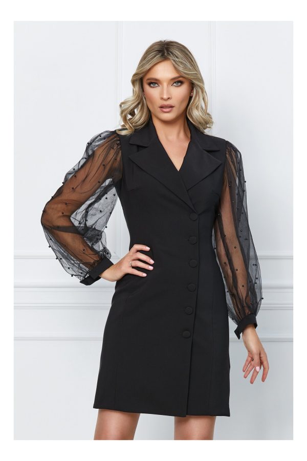 Rochie LaDonna neagra tip sacou cu maneci din tulle