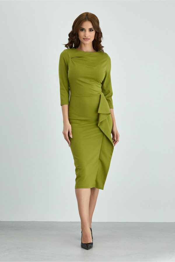 Rochie LaDonna verde olive cu volanase verticale in partea inferioara