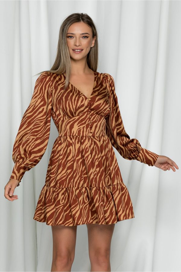 Rochie LaDonna zebra maro cu volanase la baza