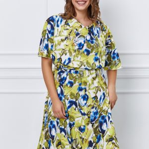 Rochie Larisa alba cu imprimeu verde-albastru
