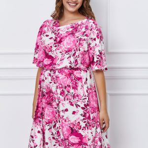 Rochie Larisa alba cu imprimeuri magenta