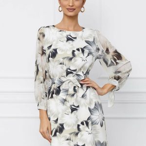 Rochie Larisa bej cu imprimeu gri