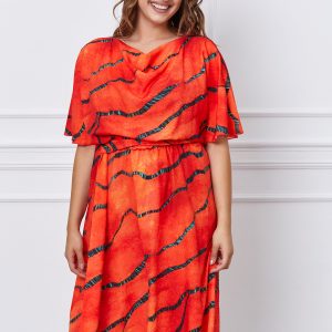 Rochie Larisa corai cu imprimeuri negre