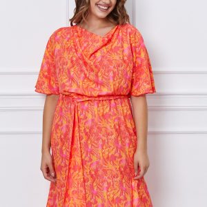 Rochie Larisa fucsia cu imprimeuri orange