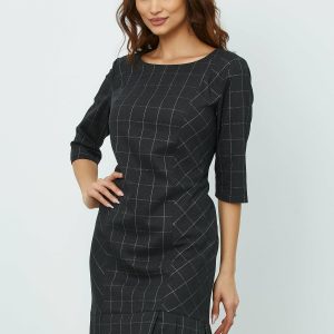 Rochie Larisa gri antracit cu carouri argintii