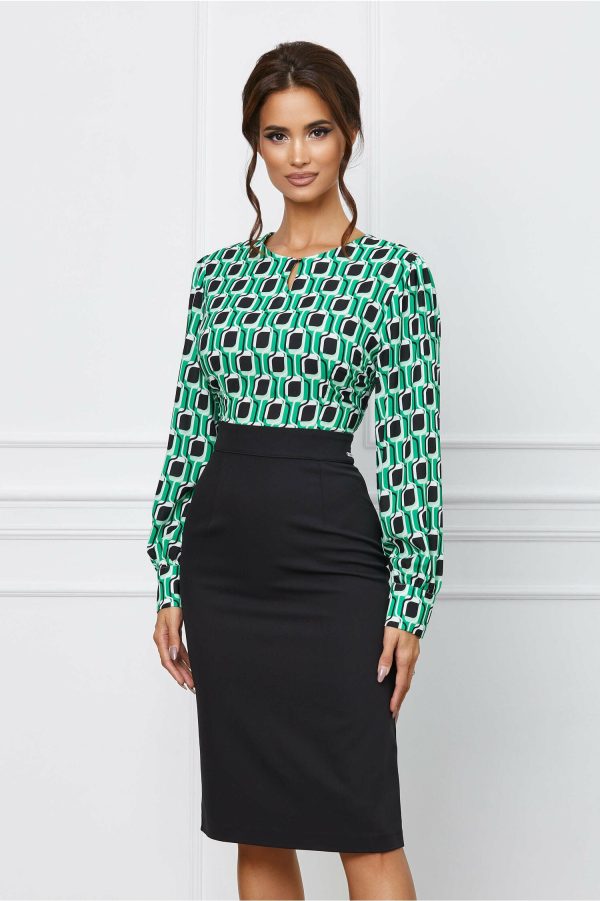 Rochie Larisa neagra cu imprimeu verde la bust