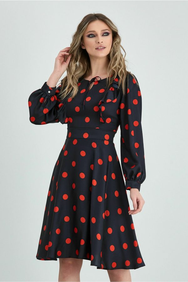 Rochie Lariss neagra cu buline rosii si volanase