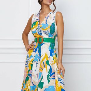 Rochie Lexa bej cu imprimeu floral albastru