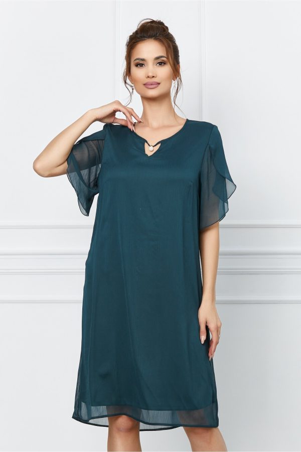 Rochie Liana verde petrol vaporoasa cu perla la decolteu