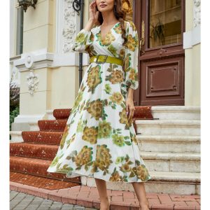 Rochie Lilia alba cu imprimeu verde si decolteu in V