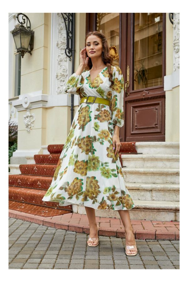Rochie Lilia alba cu imprimeu verde si decolteu in V