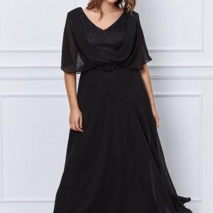 Rochie Lilia neagra lunga cu accesoriu curea in talie