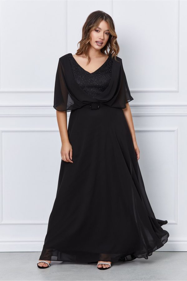 Rochie Lilia neagra lunga cu accesoriu curea in talie