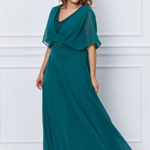 Rochie Lilia verde lunga cu accesoriu curea in talie