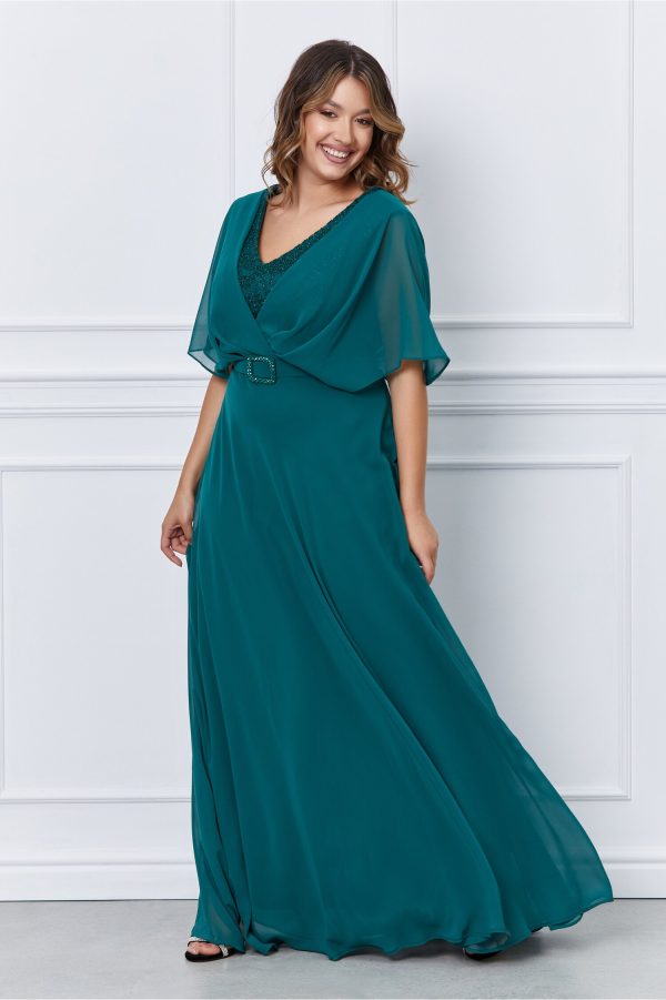 Rochie Lilia verde lunga cu accesoriu curea in talie