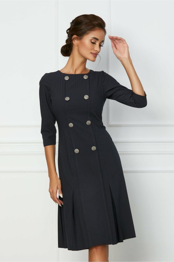 Rochie Linda neagra cu dungi si nasturi decorativi