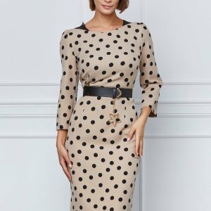 Rochie Lora bej cu buline negre si curea in talie