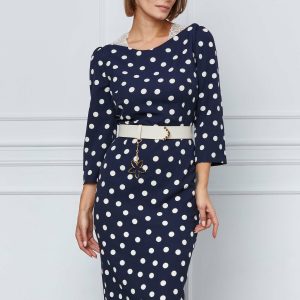 Rochie Lora bleumarin cu buline albe si curea in talie
