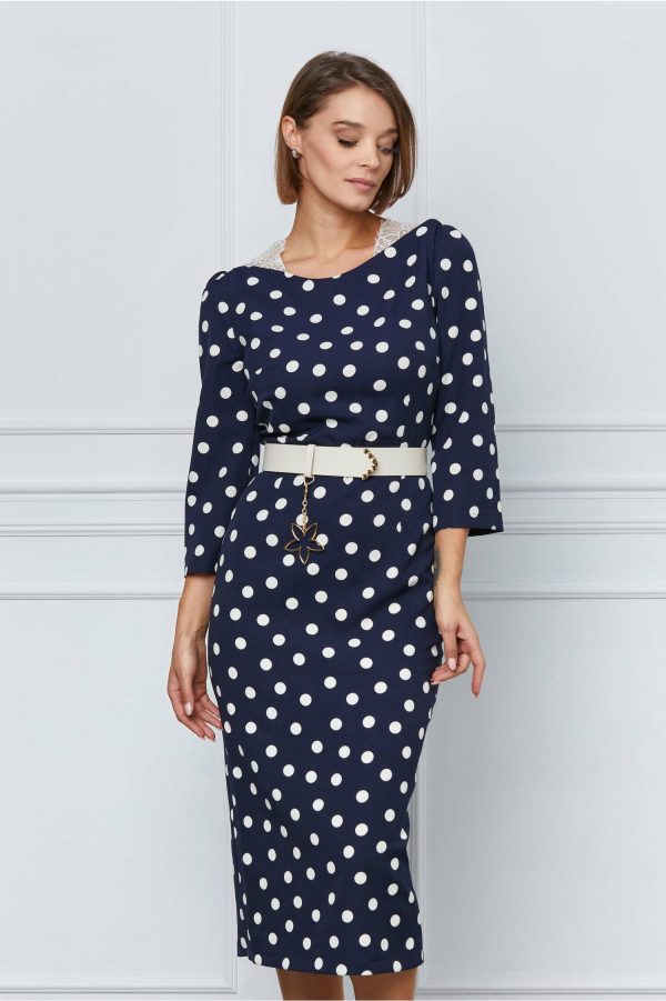 Rochie Lora bleumarin cu buline albe si curea in talie