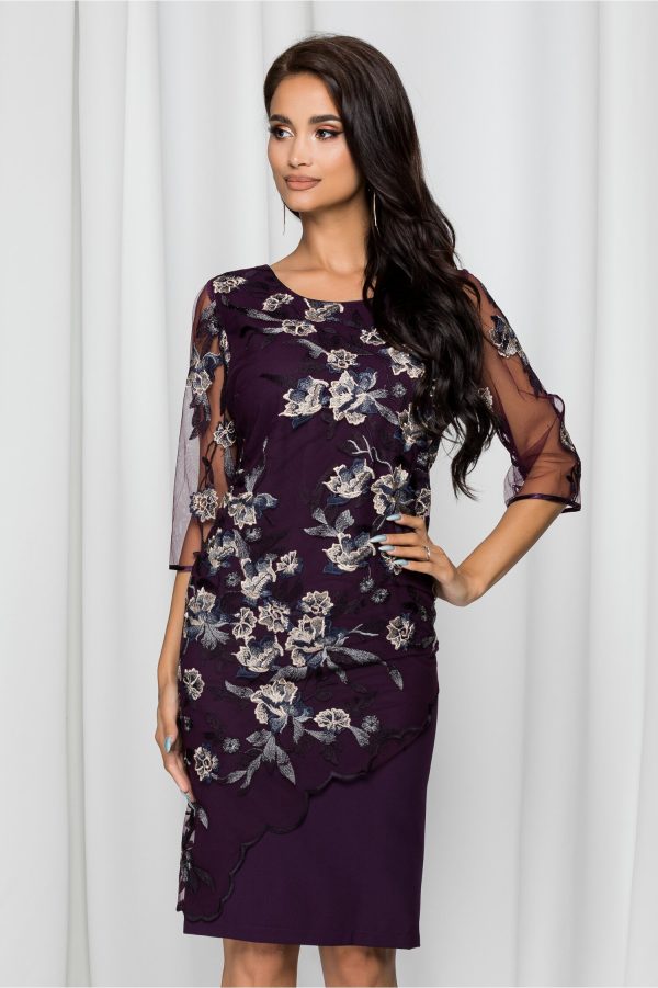 Rochie Lora mov cu broderie aurie