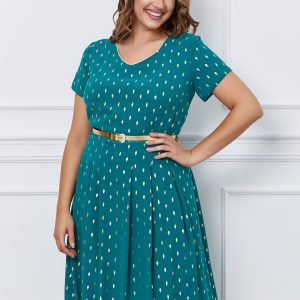 Rochie Lorena verde cu picatele aurii mari si curea in talie