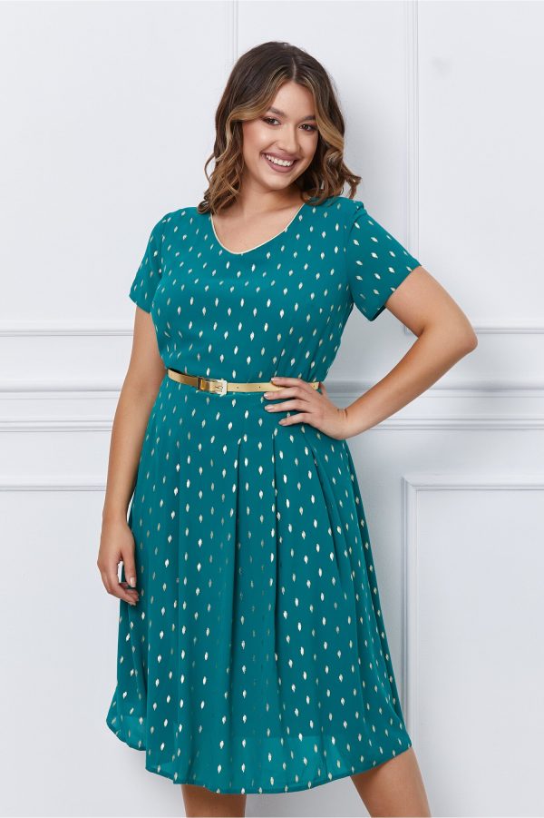 Rochie Lorena verde cu picatele aurii mari si curea in talie