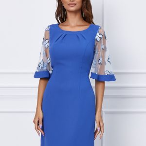 Rochie Luana albastra cu fluturi pe maneci