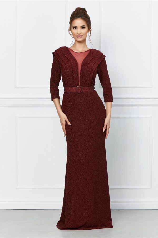 Rochie Luana bordo din lurex cu o curea in talie