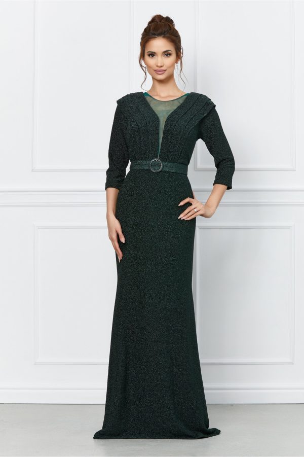 Rochie Luana verde lunga din lurex cu o curea in talie