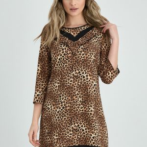 Rochie Ludmila maro cu animal print si volanase