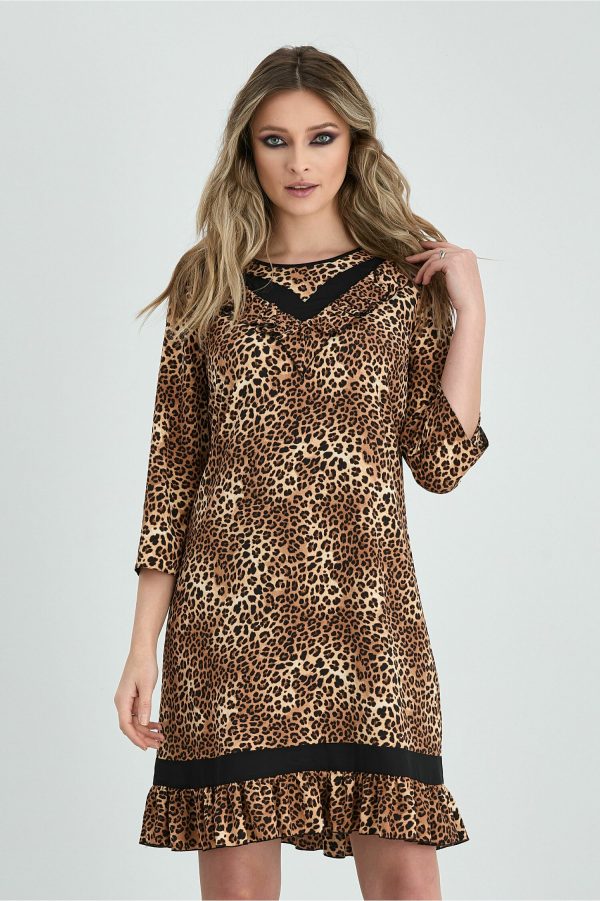 Rochie Ludmila maro cu animal print si volanase