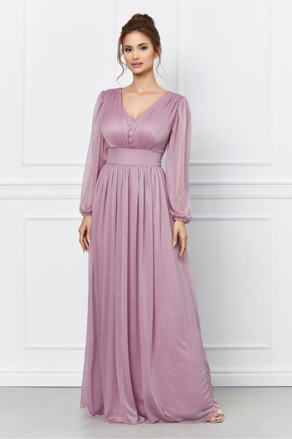 Rochie Luiza roz lunga cu sclipici si maneci lungi