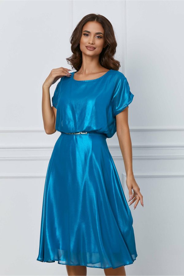 Rochie Maira turcoaz metalizat si accesoriu in talie