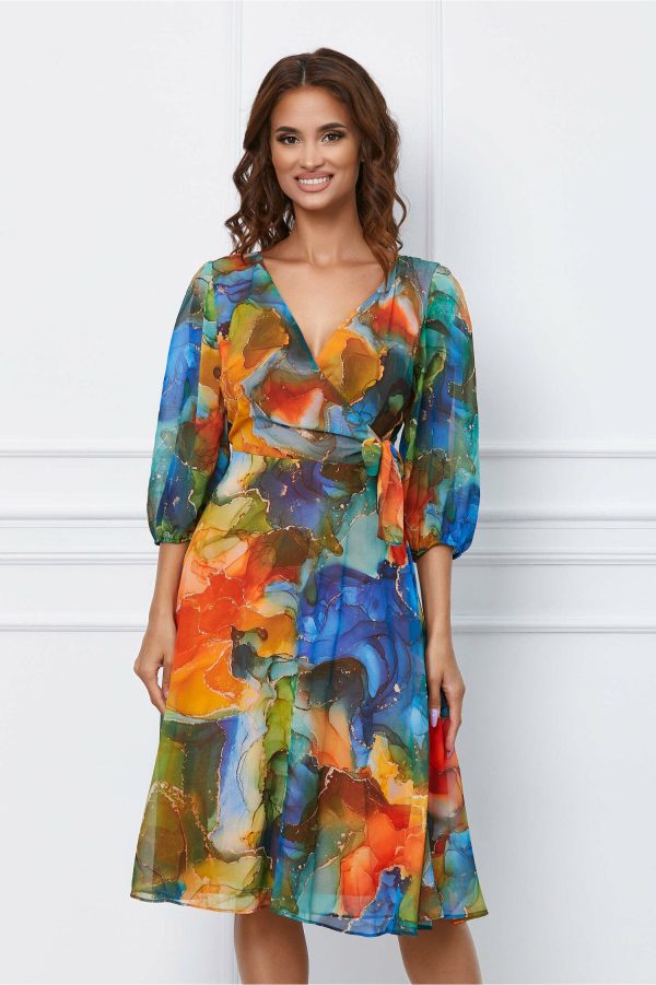 Rochie Mara albastru si orange cu decolteu petrecut
