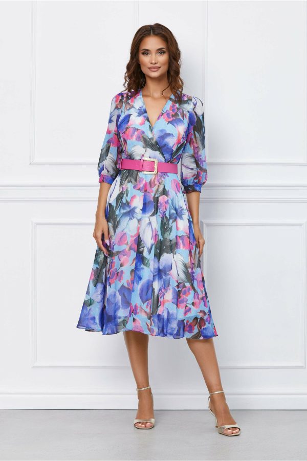 Rochie Mara bleu cu imprimeuri fucsia si indigo