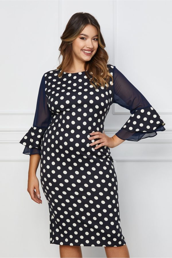 Rochie Mara bleumarin cu buline si maneci clopot