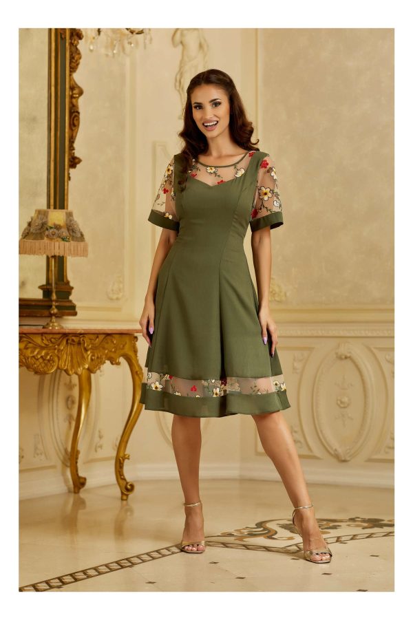 Rochie Mara kaki cu broderie florala colorata